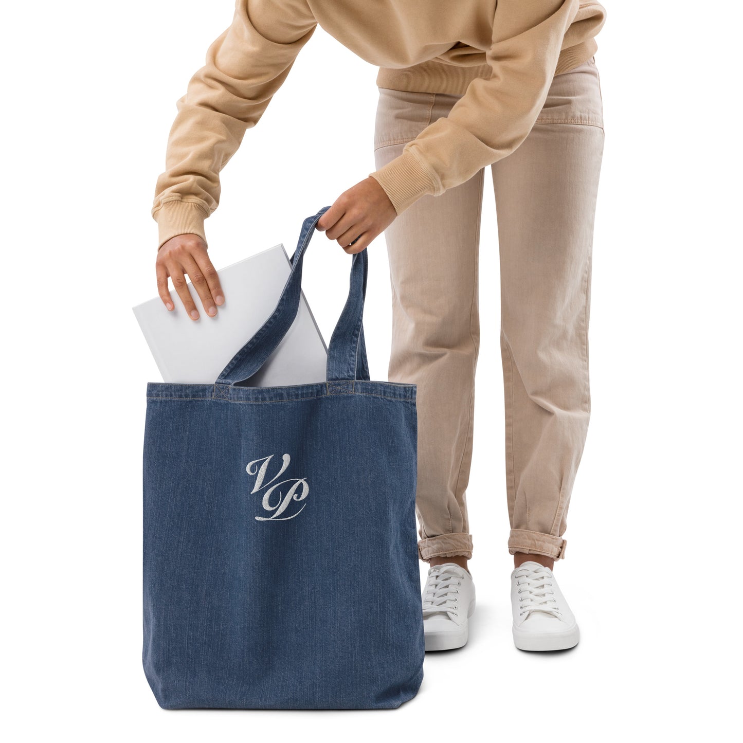 VP Organic Denim Tote Bag White Stitch